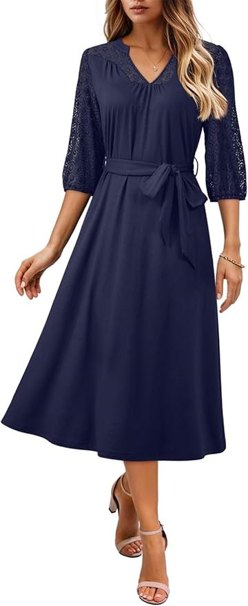 Dokotoo Womens Dresses Lace V-Neck Half Sleeve Belted Empire Waist Casual Dress A-Line Hem Summer... | Amazon (US)