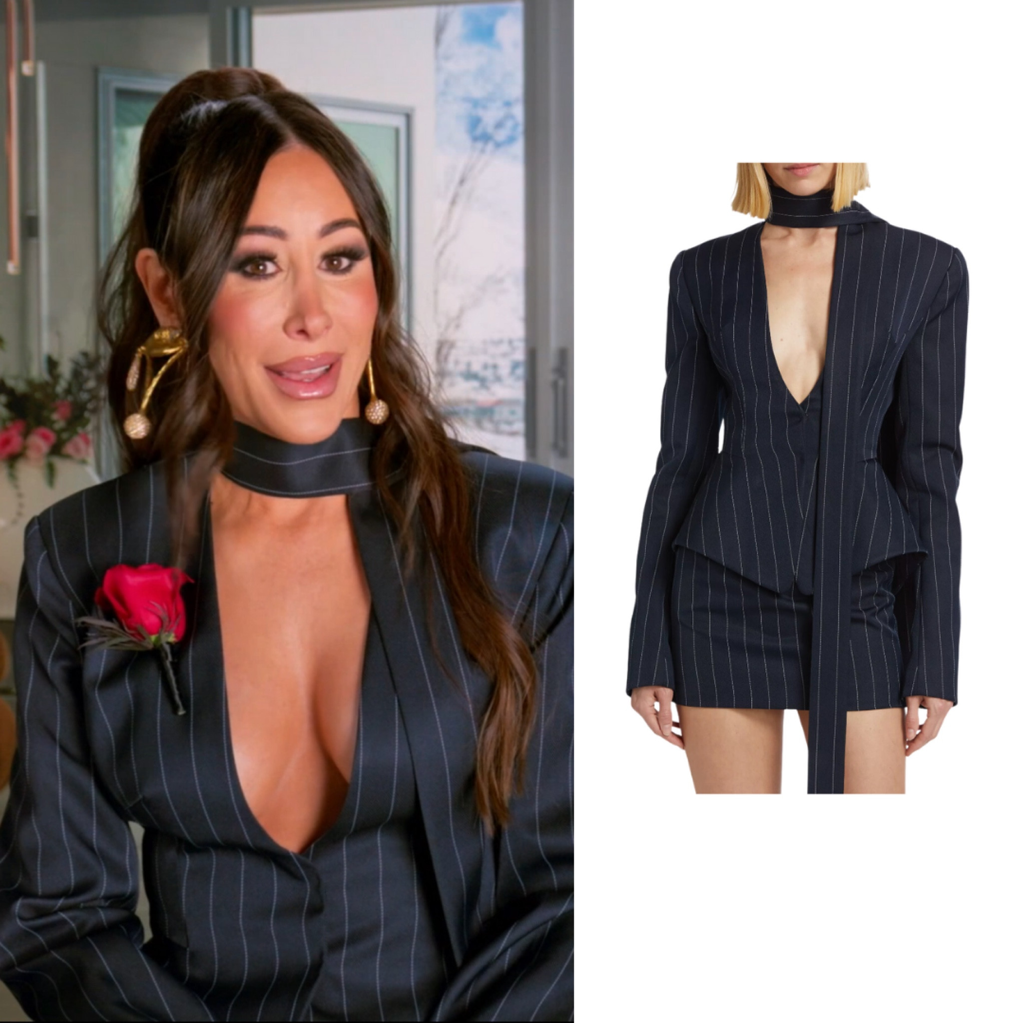 Angie Katsaneva’s Pinstriped Scarf Confessional Look 