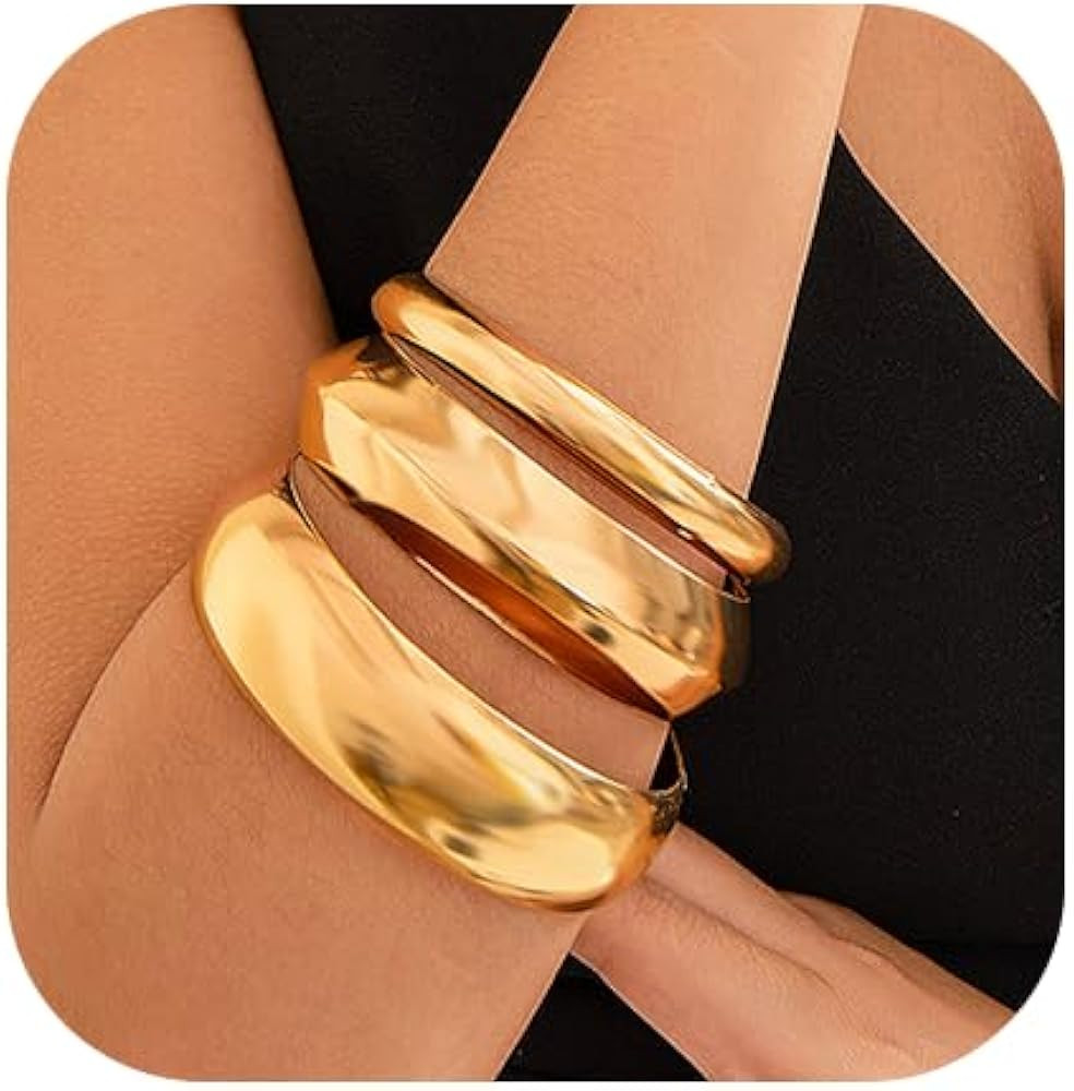 Chunky Gold Bracelets Set for Women Wide Cuff Bracelets Hammered Wrap Gold Bangles Set Jewelry | Amazon (US)