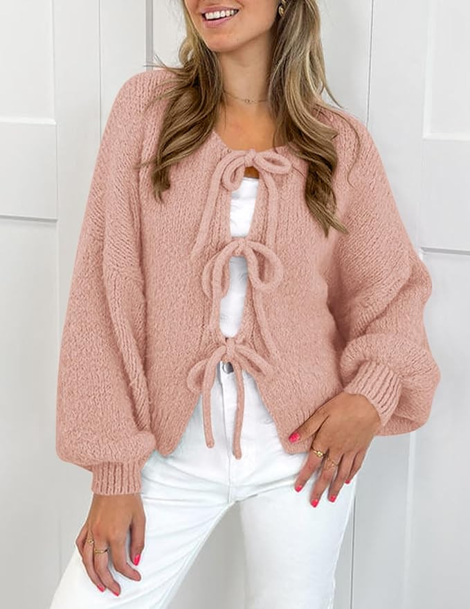 PRETTYGARDEN Women's Tie Front Bow Cardigan Sweaters Chunky Knit Long Puff Sleeve Trendy Fall Win... | Amazon (US)