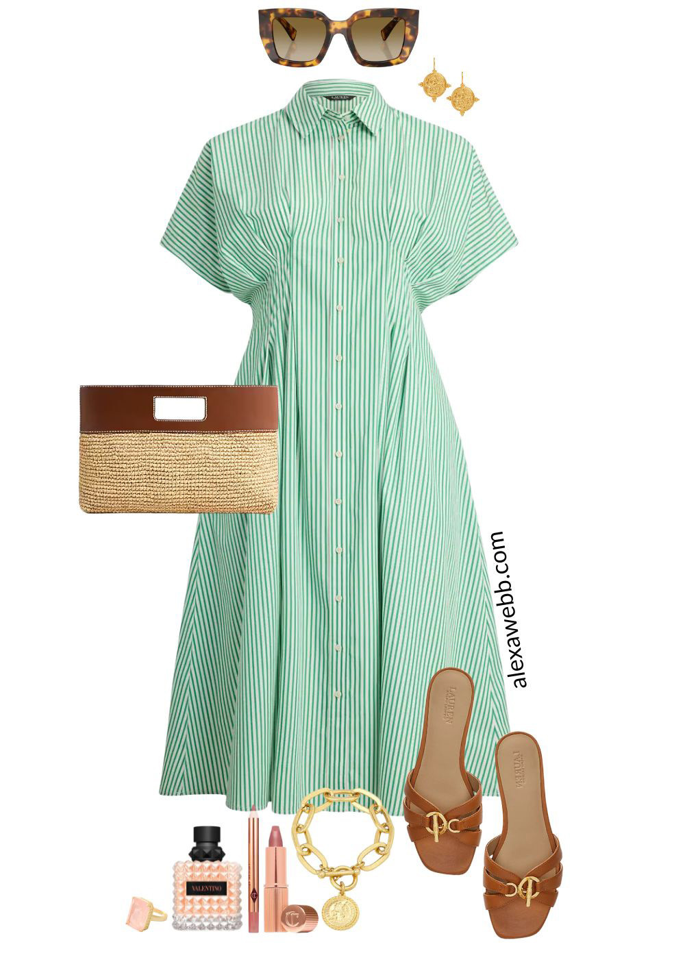Plus Size Green Stripe Dress Outfits - A plus size green striped dress for spring styled 5 ways! A plus size green and white short-sleeved striped shirt dress for baby showers or graduations! Add a raffia and leather clutch bag, flat sandals, and gold coin jewelry. Alexa Webb #plussize #alexawebb 

 #LTKSeasonal #LTKOver40 #LTKPlusSize