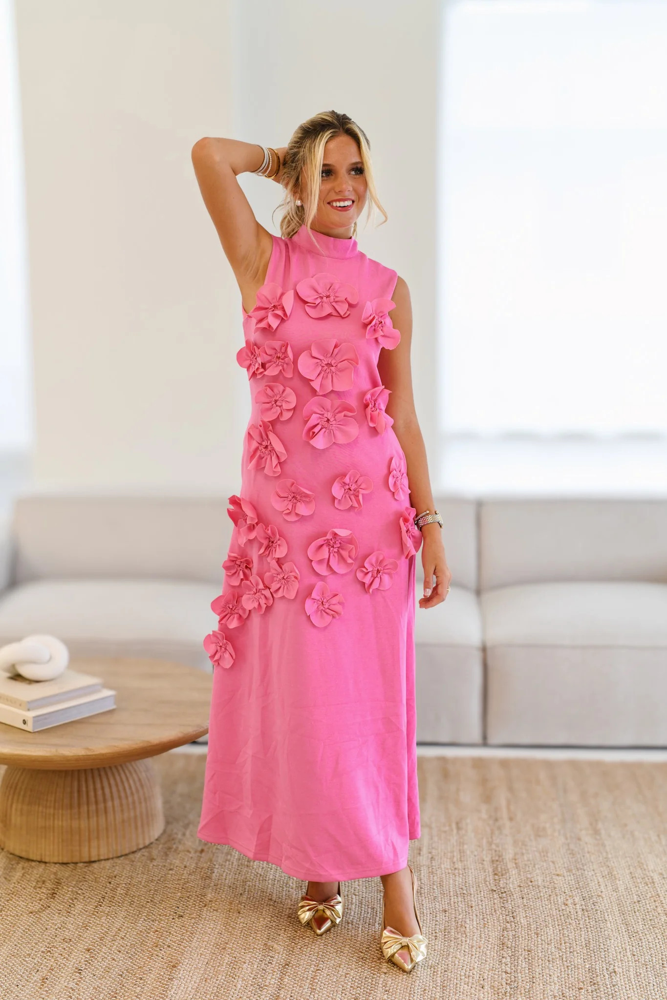 Fanci Floral Applique High Neck Maxi-Pink | Fancyd Boutiqe