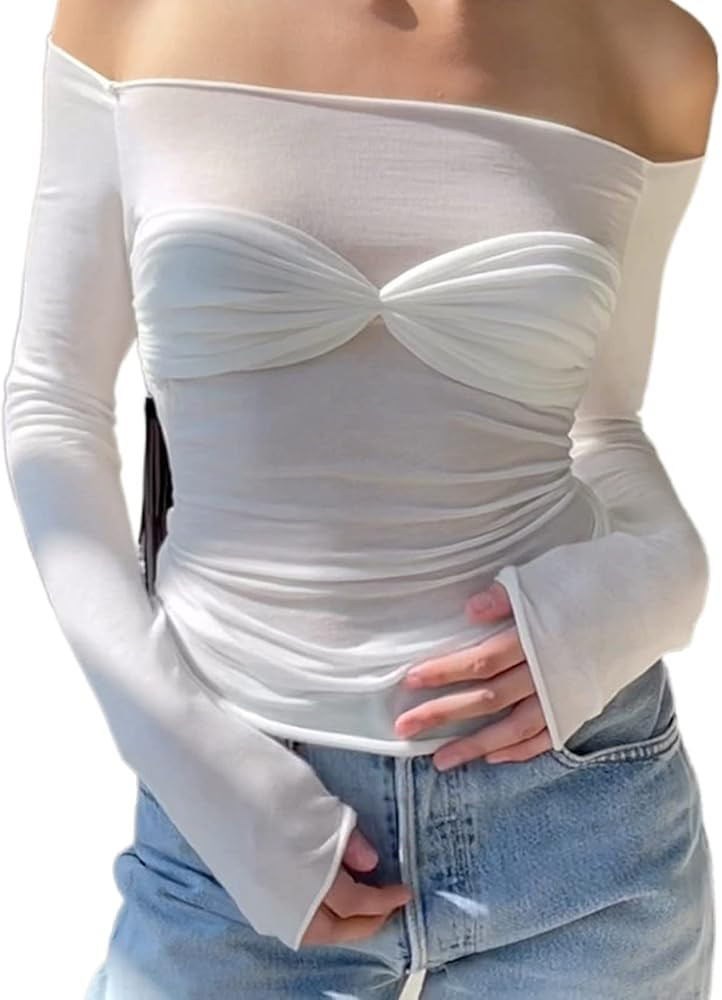 Women Off Shoulder Shirt Y2K Long Sleeve Slim Fit Top Tee Sexy Streetwear Blouse Tops | Amazon (US)