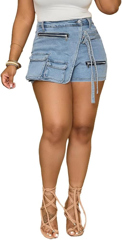 PINSV Women's Denim Skorts Stretchy Asymmetrical Jean Skirt Shorts | Amazon (US)