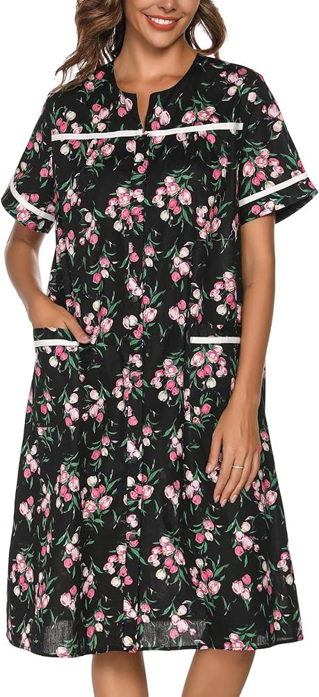 YOZLY House Dress Womens Embroidered Housecoat Short Sleeve Duster Robe with Front Pockets | Amazon (US)