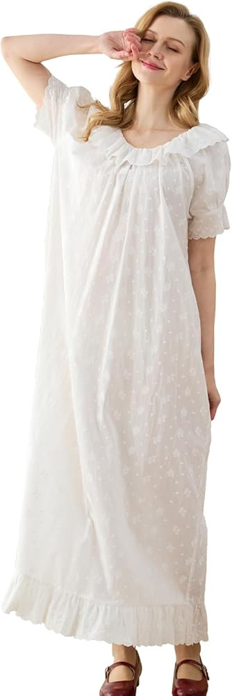 Women's 100% Cotton Victorian Vintage Nightgown with Ruffled Lace Collar Embroidered Sleep Dress | Amazon (US)