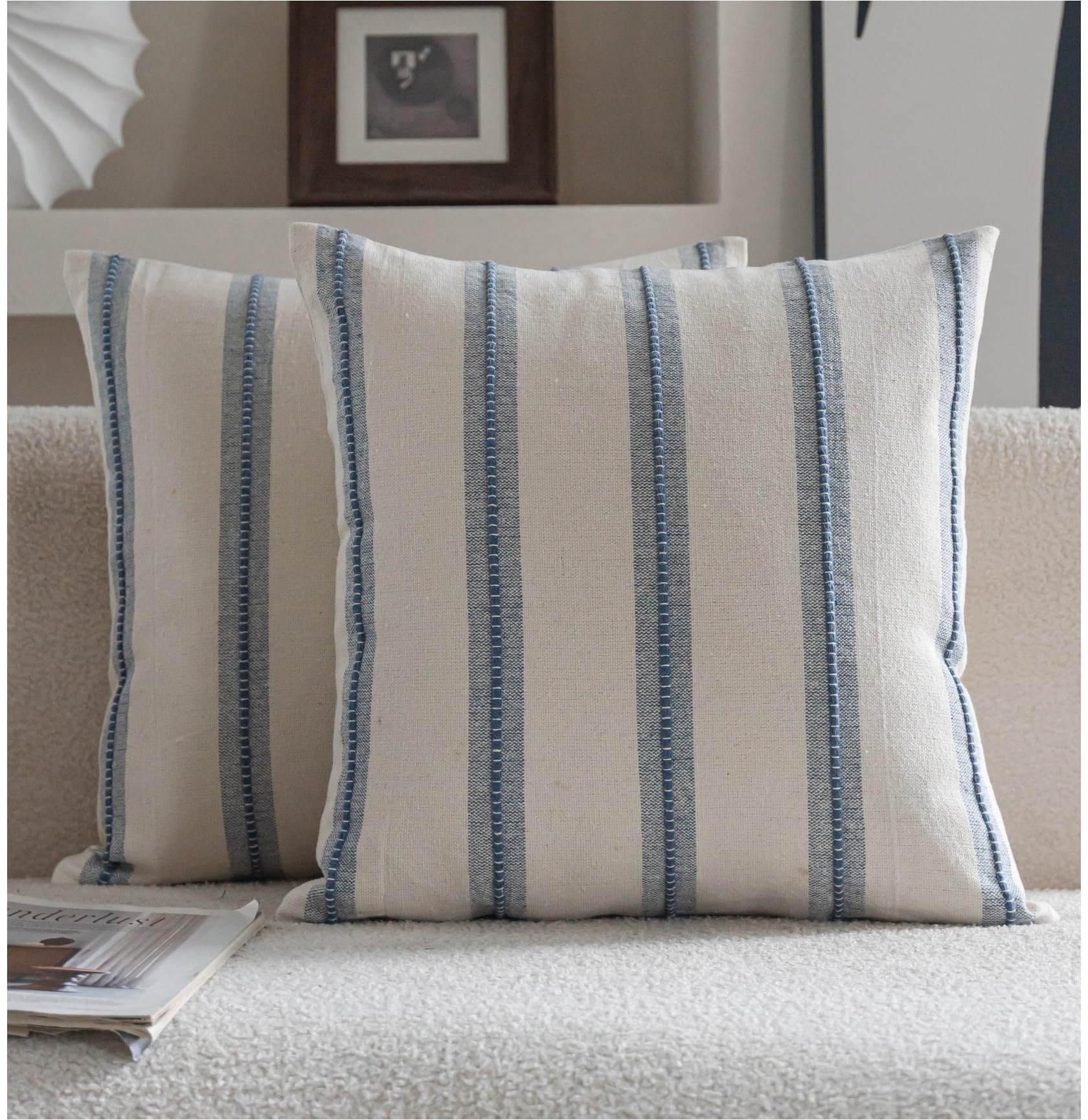 Cethom Boho Throw Pillow Covers 18x18 Set of 2, Beige and Blue Striped Decorative Pillow Cases fo... | Amazon (US)