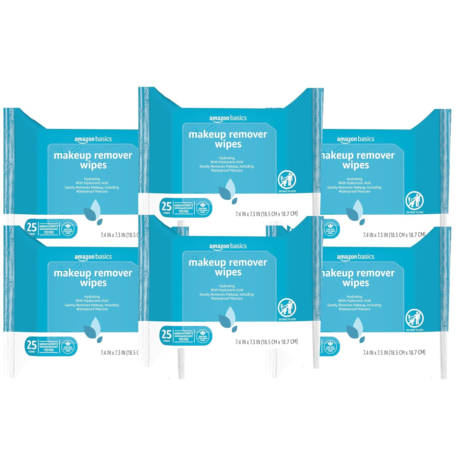 Amazon Basics Makeup Remover Wipes, Gentle Cleansing, Dermatologist Tested, Hydrating with Hyaluronic Acid, Alcohol-Free, Removes Waterproof Mascara, No-Rinse Formula, 25 Count, 6-Pack | Amazon (US)