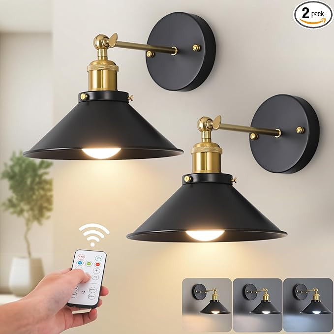 Black & Gold Vintage Rechargeable Battery Operated Wall Sconces, Cordless Battery Powered Led Wal... | Amazon (US)