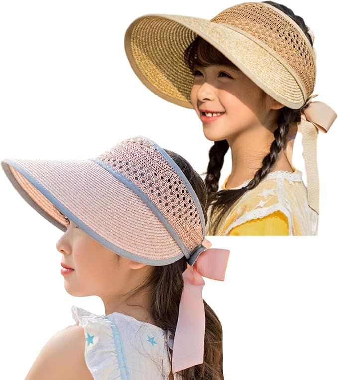 2 Pieces Kids Girls Visor Straw Sun Hat Ponytail Wide Brim Beach Summer Packable Hat Cap with Bow | Amazon (US)