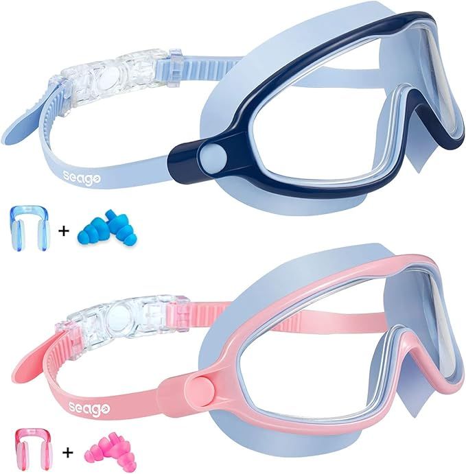 Seago Swim Goggles 2 Pack Anti-Fog Anti-UV Wide View Swimming Goggles for Kids 3-15 | Amazon (US)