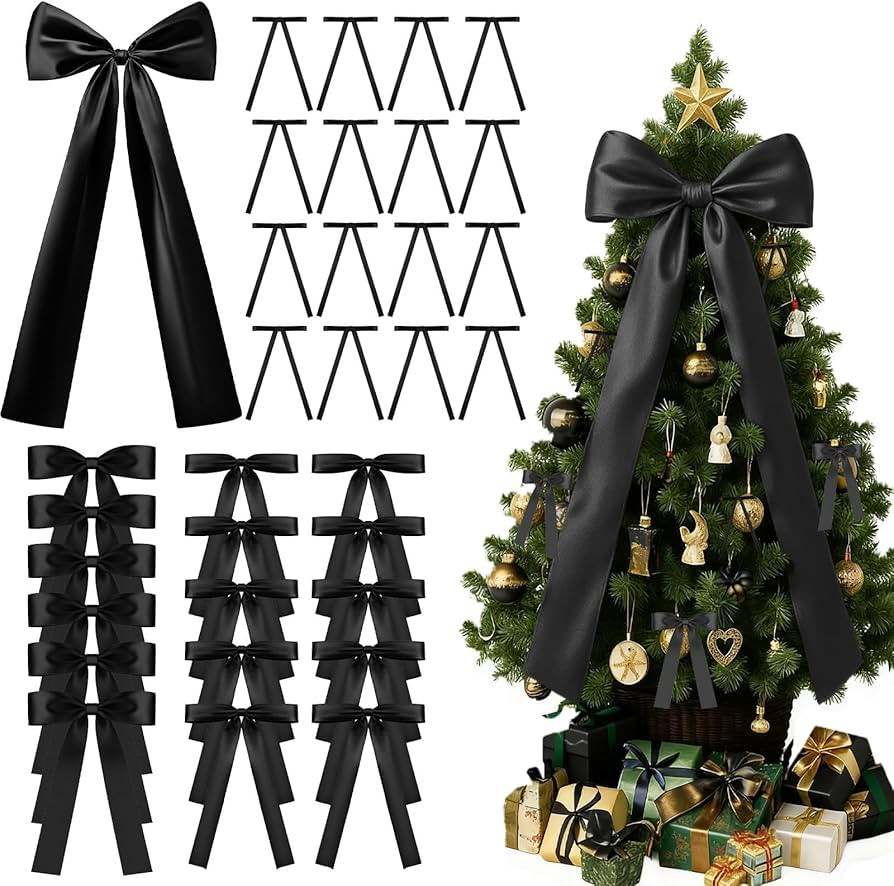 36Pcs Black Satin Christmas Bows, Christmas Tree Topper Bow Door Garland Decorations Home Party W... | Amazon (US)
