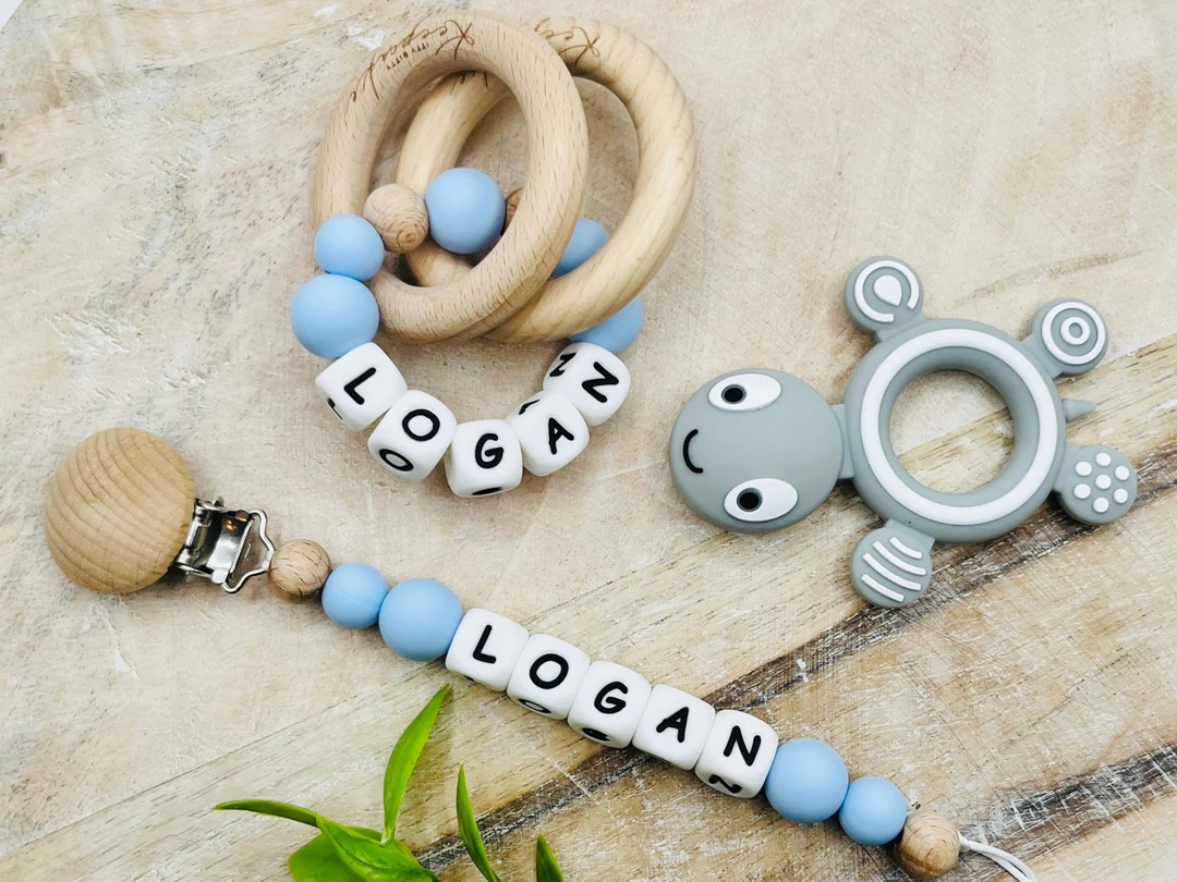 Personalized Pacifier Clip with matching rattle ring, Pacifier clip with name, newborn baby showe... | Etsy (US)