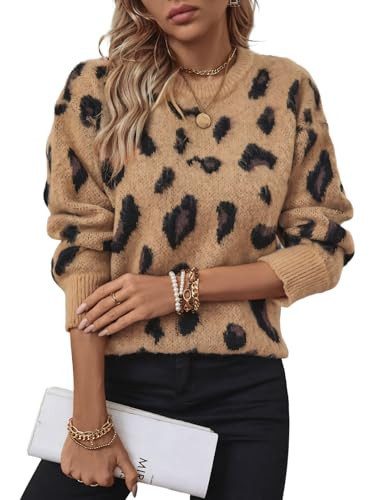 WEIIYONN Leopard Print Sweater for Women Animal Graphic Pullover Tops Long Sleeve Crewneck Trendy Drop Shoulder Knited Jumper (Brown,L,Regular,Large,Regular) | Amazon (US)