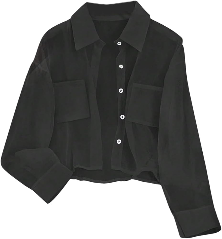 SweatyRocks Women's See Through Long Sleeve Button Down Blouse Shirt Tops with Pocket | Amazon (US)