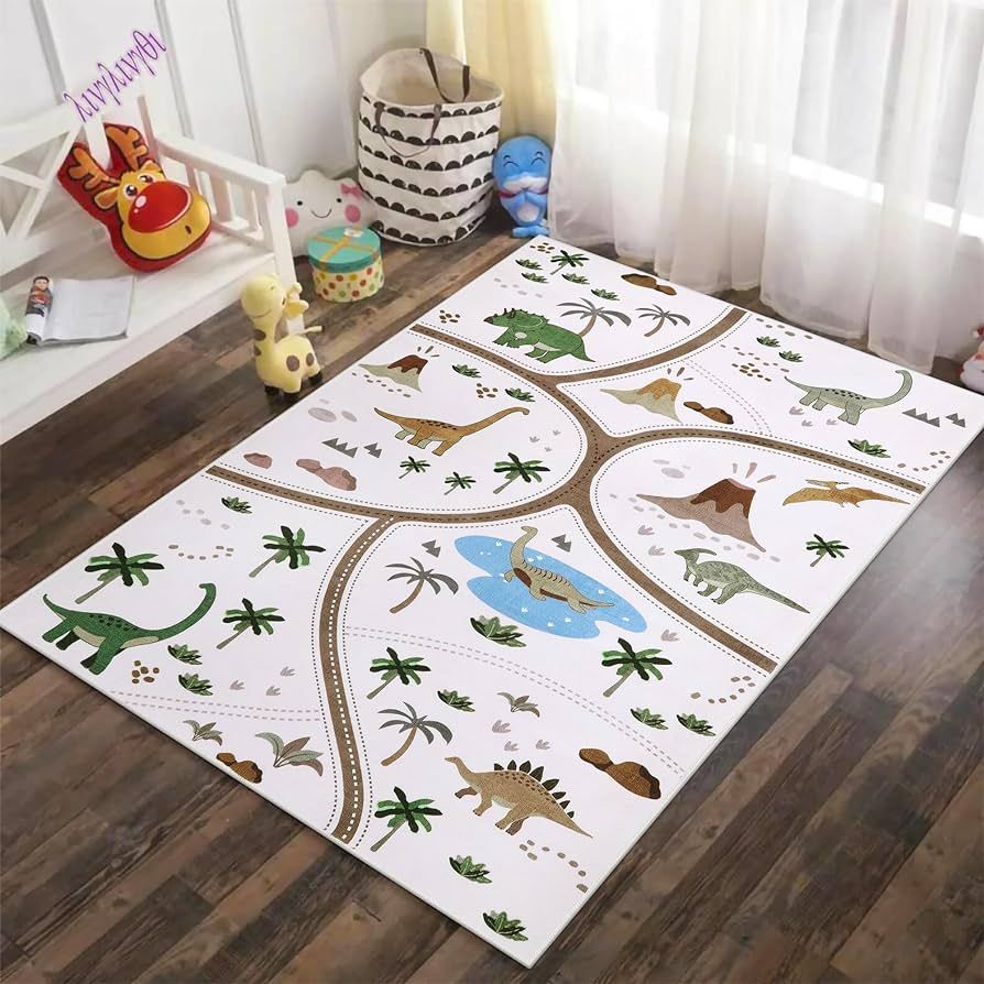 Lukinbox Kids Carpet Playmat Rug for Playroom, 4' x 6' Dinosaur Road Traffic Play Mat for Bedroom... | Amazon (US)