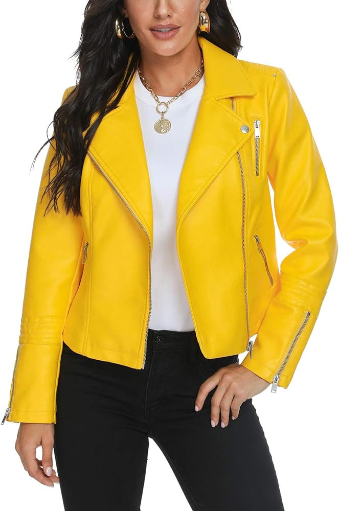 Fahsyee Women's Yellow Leather Jackets, Faux Motorcycle Bomber Moto Biker Plus Size Coat Short Li... | Amazon (US)