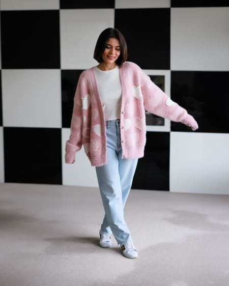 Pearly Contrast Heart Soft
Fuzzy Knit Cardigan in Pink Ribbed Tank Top White Light Blue Straight Denim White Sneakers

#LTKover40 #LTKstyletip #LTKeurope