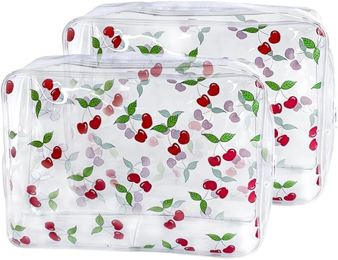 2PCS Red Cherry Transparent PVC Cosmetic Bag, 9.84x7.09x2.36inch Portable Waterproof Storage Bag ... | Amazon (US)