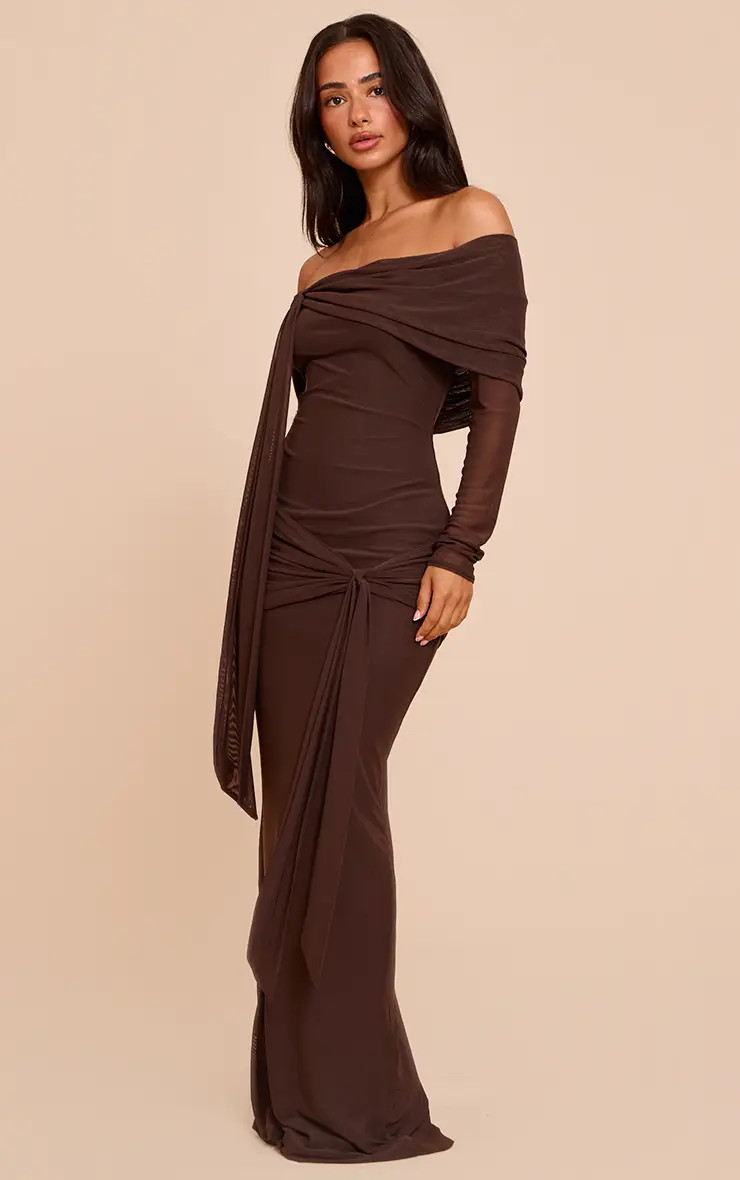 Chocolate Asymmetric Long Sleeve Bardot Maxi Dress | PrettyLittleThing USA | PrettyLittleThing US