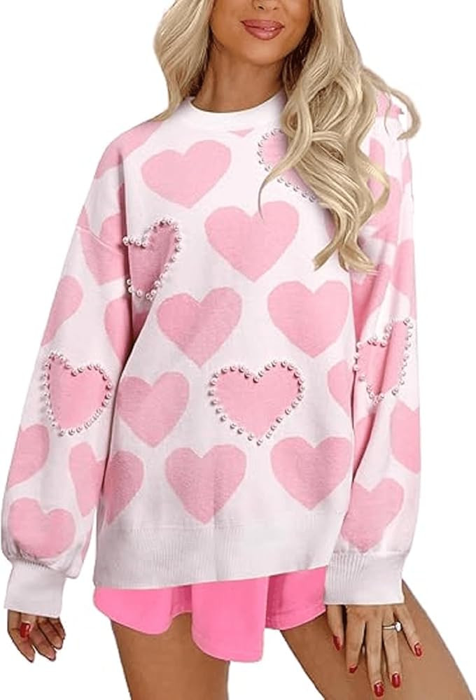 Pearl Sweater for Women Love Heart Graphic Knitted Sweatshirts Cute Oversized Pullover Shirts | Amazon (US)