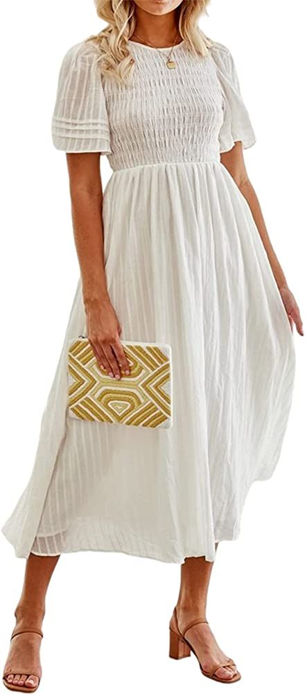 Glamaker Women's Summer Casual Short Sleeve Smocked Midi Dress Puff Sleeve A Line Flowy Midi Long Dr | Amazon (US)