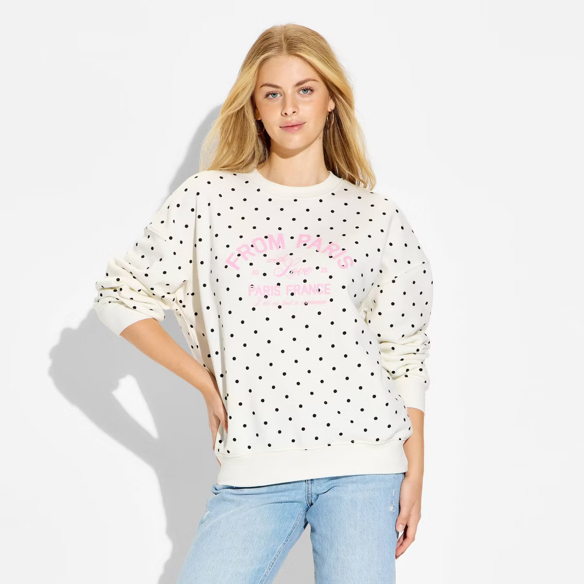 Women's Paris Fleece Graphic Pullover Sweatshirt - White Polka Dots | Target
