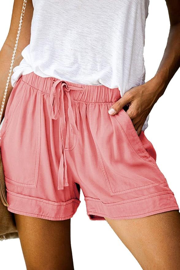 Mosucoirl Women Comfy Drawstring Casual Elastic Waist Pure Color Shorts Summer Beach Lightweight ... | Amazon (US)