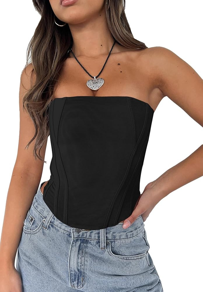 Arjungo Women's Sexy Strapless Bustier Crop Tops Stretch Open Back Boned Going Out Party Y2K Cors... | Amazon (US)