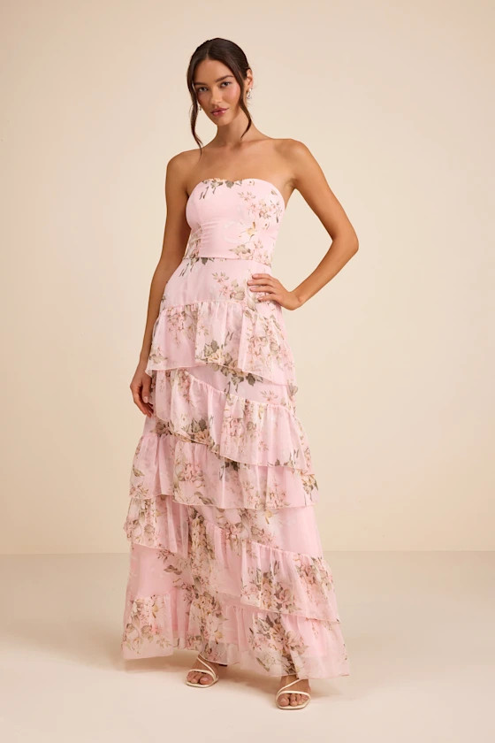Niyati Blush Floral Strapless Tiered Maxi Dress | Lulus