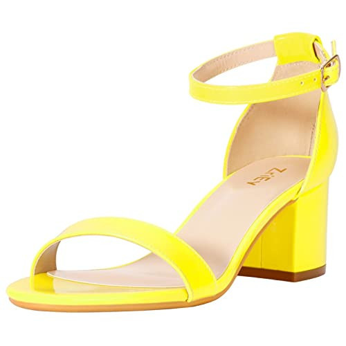 ZriEy Yellow Heels for Women Chunky Strappy Platform Sandals 2 Inches Open Toe Heeled Sandals Ankle Strap Adjustable Buckle Lucite Block High Heel Shoes Size 6 | Amazon (US)