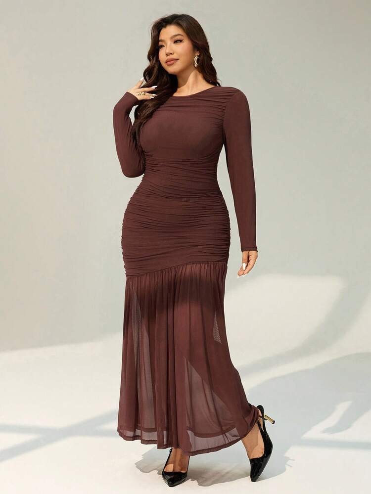 Auralis Plus Size Elegant Ladies Dress, Fall Hip Wrap Dress, Elegant Ladies Dress, Long Dress, Brown Dress, Coffee Dress, Long Sleeve Dress, Date Dress/Fall/Winter Long Brown Dress Brown Elegant Dress Women Long Sleeve Elegant Dress Curve Elegant Dress | SHEIN