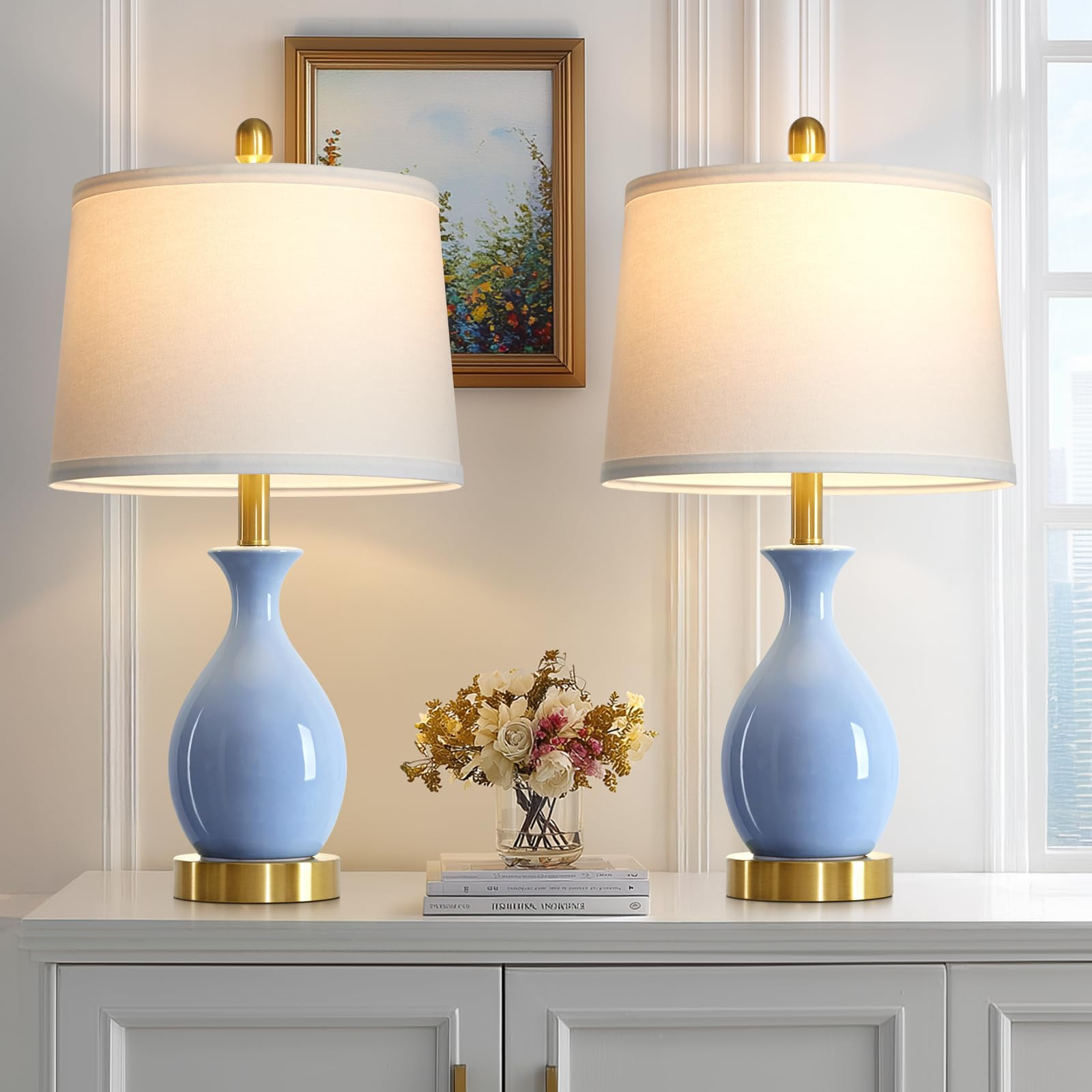 24″ Light Blue Ceramic Table Lamps Set of 2, Modern Classic Bedside Lamps for Bedroom Nightstan... | Amazon (US)