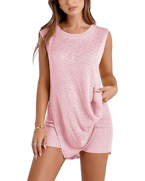 UANEO Women 2 Piece Outfits Lounge Sets Summer Knit Sleeveless Top and Shorts Sweater Set | Amazon (US)