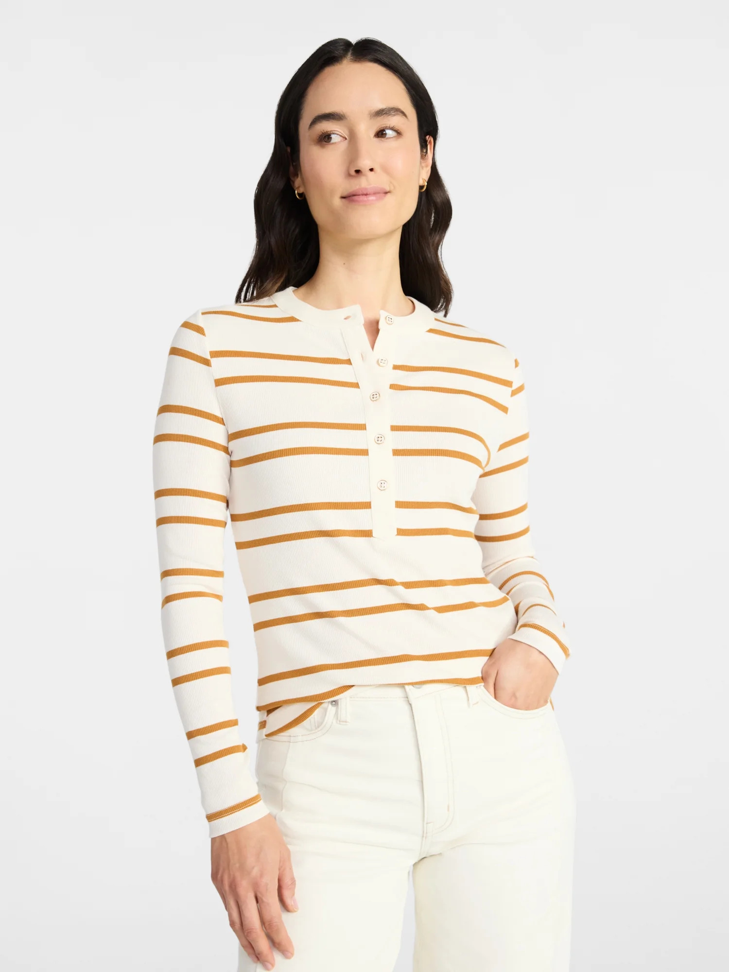 Time and Tru Women's Striped Henley with Long Sleeves, Sizes XS-XXXL | Walmart (US)
