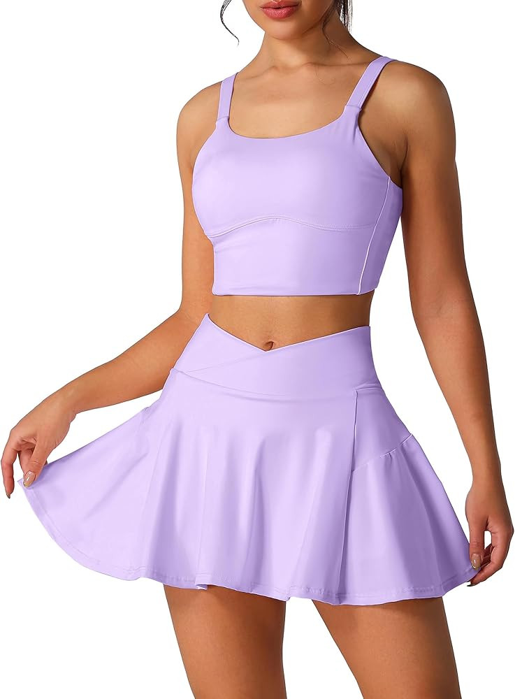 2 Piece Tennis Dress for Women High Waisted Pleated Skirt Sets Compression Sports Bra Golf Athlet... | Amazon (US)