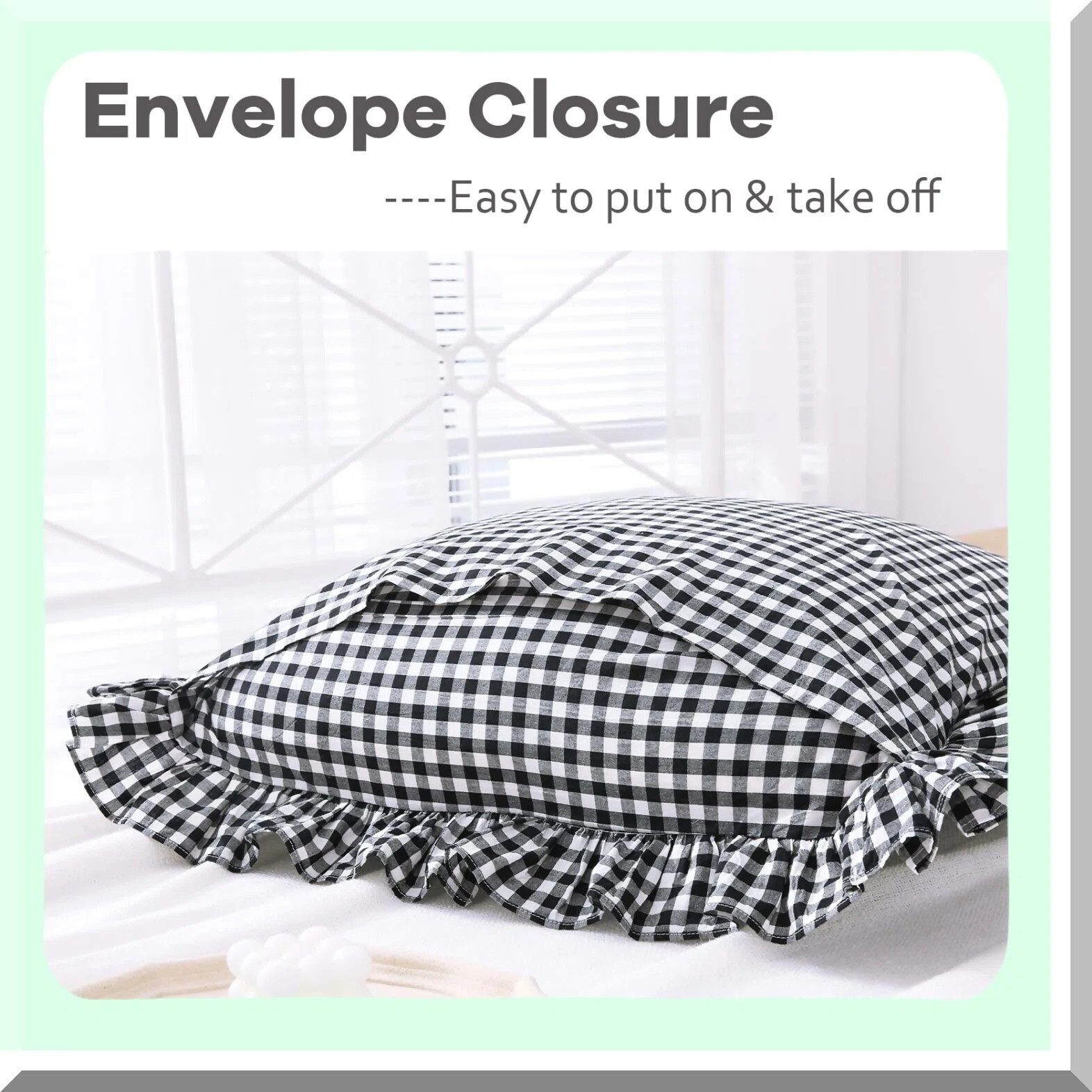 Ruffle Gingham Euro Shams - Set of 2 Black/White Plaid Pillow Covers - Washed Cotton Decorative P... | Wayfair North America