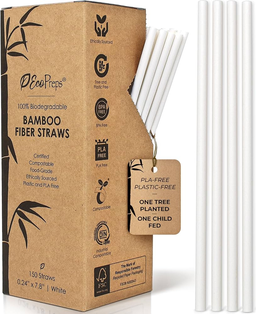 Biodegradable Bamboo Fiber Straws | 150 Count, 100% Compostable, Plastic-Free, Eco-Friendly Drink... | Amazon (US)