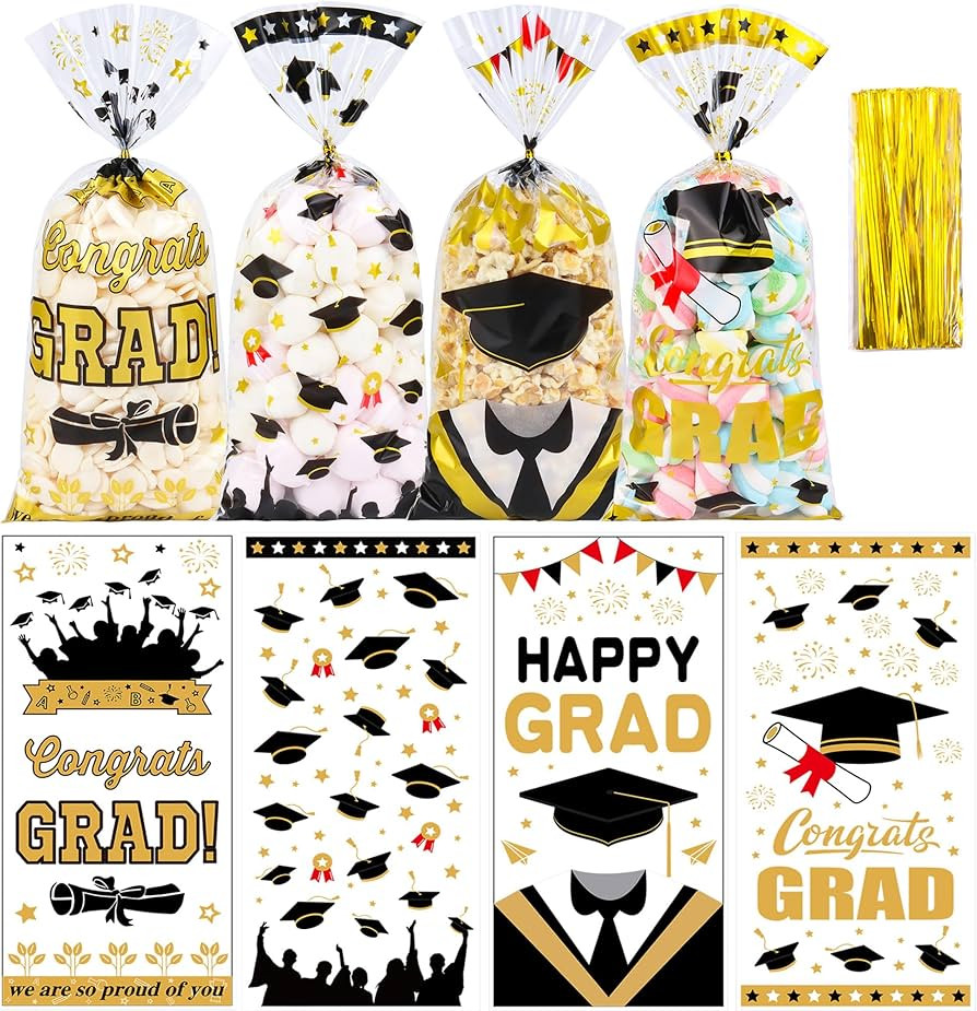 ZYLOP 50 Pcs Graduation Cellophane Treat Bags - 5" x 11" Congrats Grad Plastic Goodie Bags with 6... | Amazon (US)