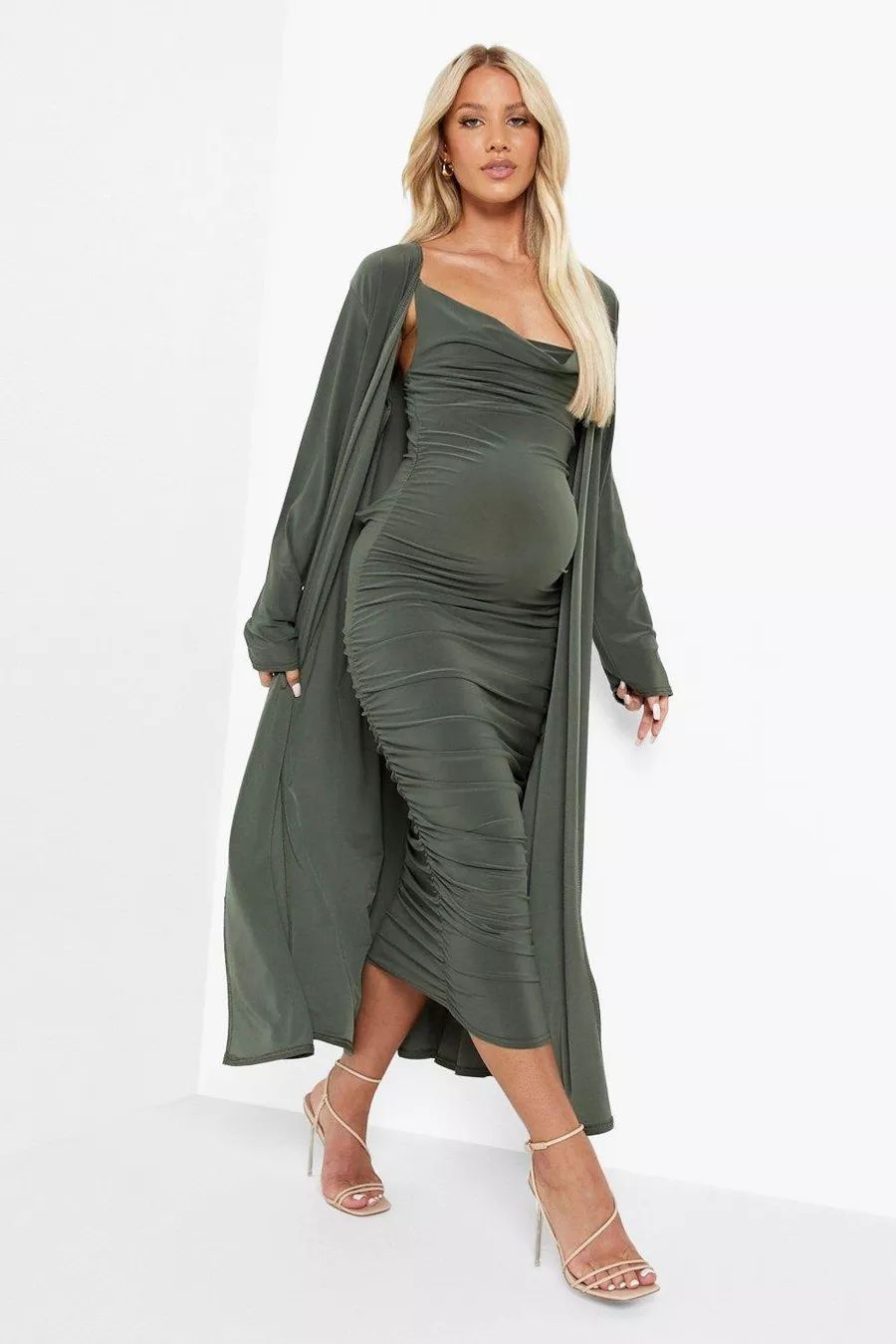 Maternity Strappy Cowl Neck Dress And Duster Coat | Boohoo.com (US & CA)
