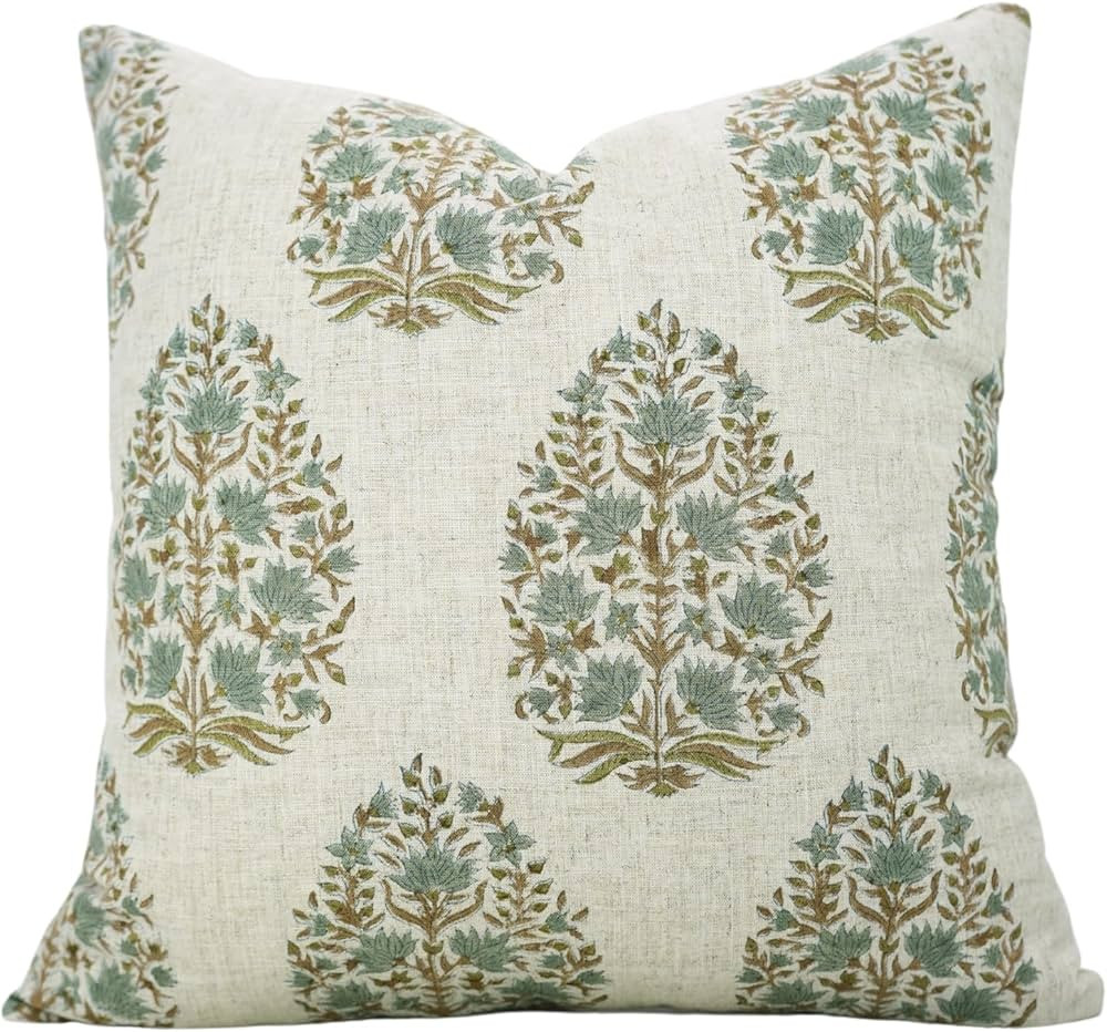Floral Hand Block Print Viscous Linen 22X22 Throw Cushion Cover, Indoor Farmhouse Pillowcase, Dec... | Amazon (US)