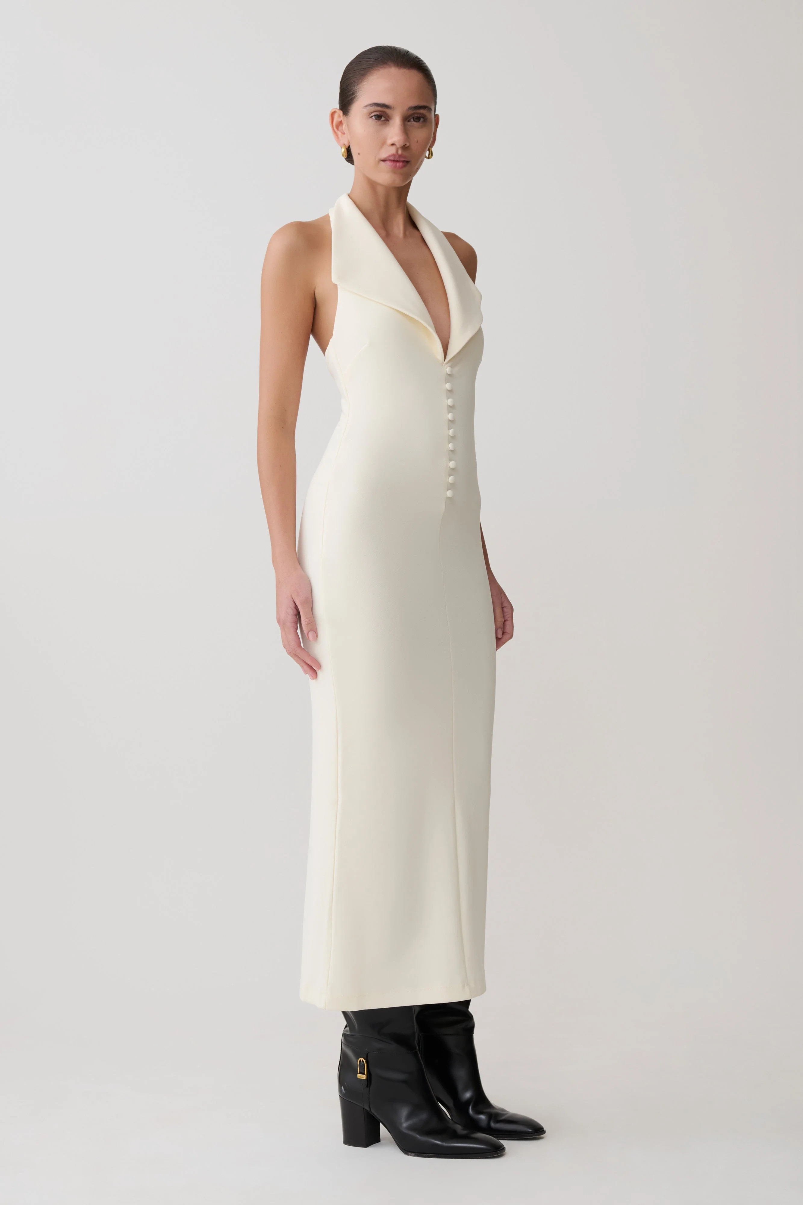 Annita Crepe Halter Midi Dress - Ivory | MESHKI US