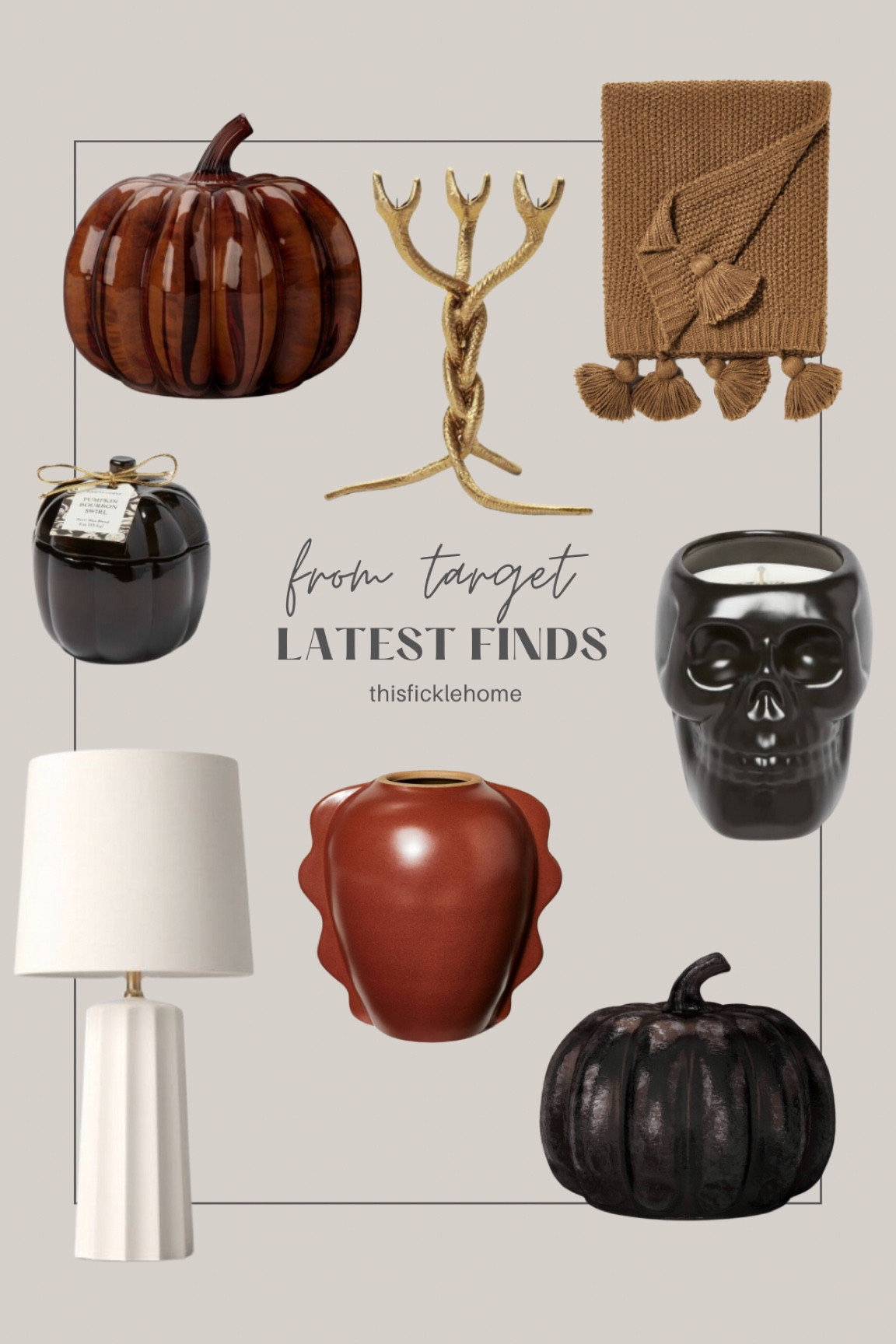 Glass pumpkins, orange vase, pumpkin candle, brown throw blanket, neutral table lamp, skull candle, Halloween decor, fall decor, Halloween candelabra.

#LTKHalloween #LTKhome #LTKSeasonal
