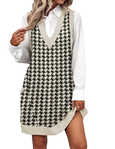 Zeagoo Women V Neck Sweater Vest Dress Checkered Pattern Knit Pullovers Dress Casual V Neck Sleeveless Sweater Dress, Black Houndstooth S | Amazon (US)