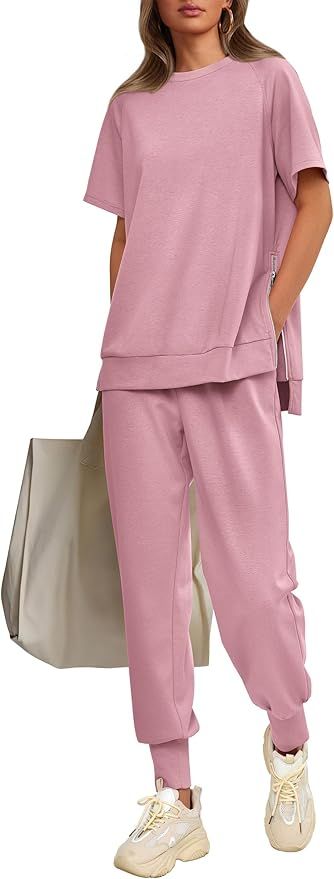 PRETTYGARDEN Women's Summer 2 Piece Outfit Tracksuits Casual Short Sleeve Tops High Waisted Sweat... | Amazon (US)