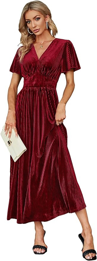 Simplee Women's Formal Wedding Guest Dress | V Neck, Velvet, Maxi, Short Sleeve, Empire Waist, Lo... | Amazon (US)