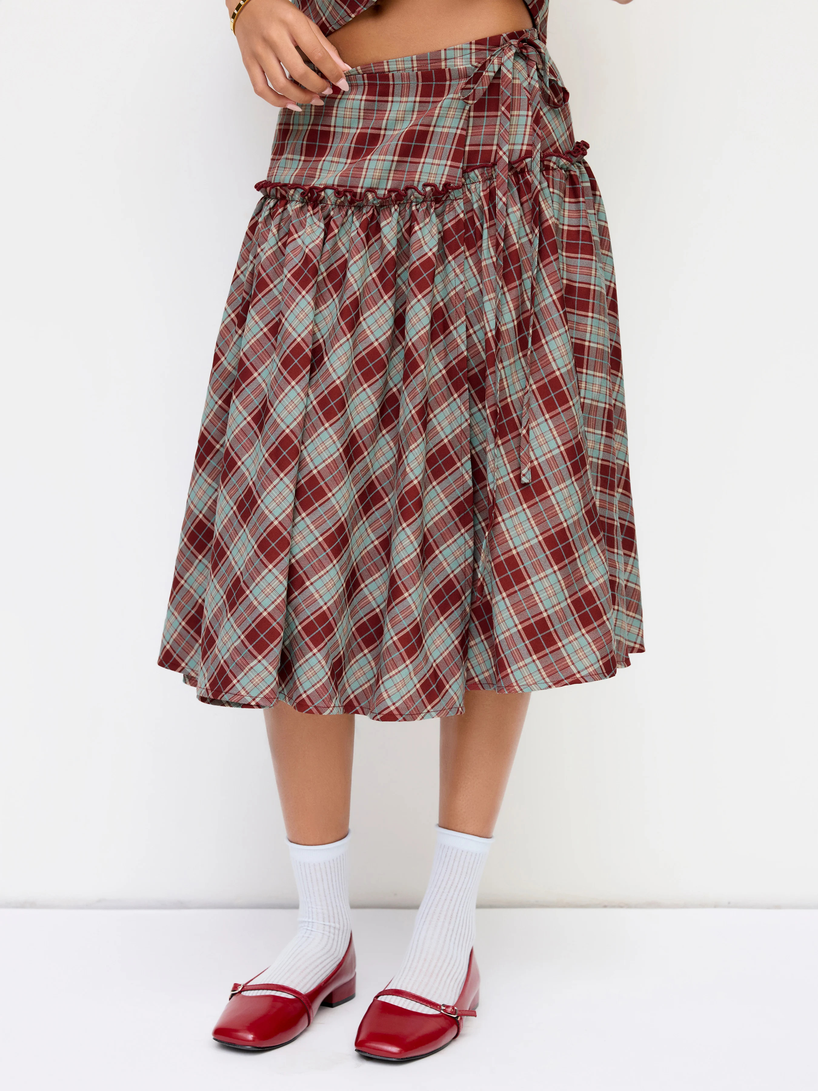 Woven Mid Rise Tartan Lettuce Trim Knotted Midi Skirt For Daily Casual | Cider
