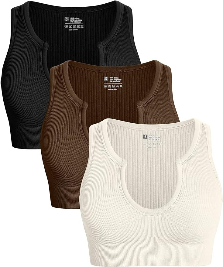 OQQ Women's 3 Piece Medium Support Crop Top Seamless Ribbed Removable Cups Workout Yoga Sport Bra | Amazon (US)