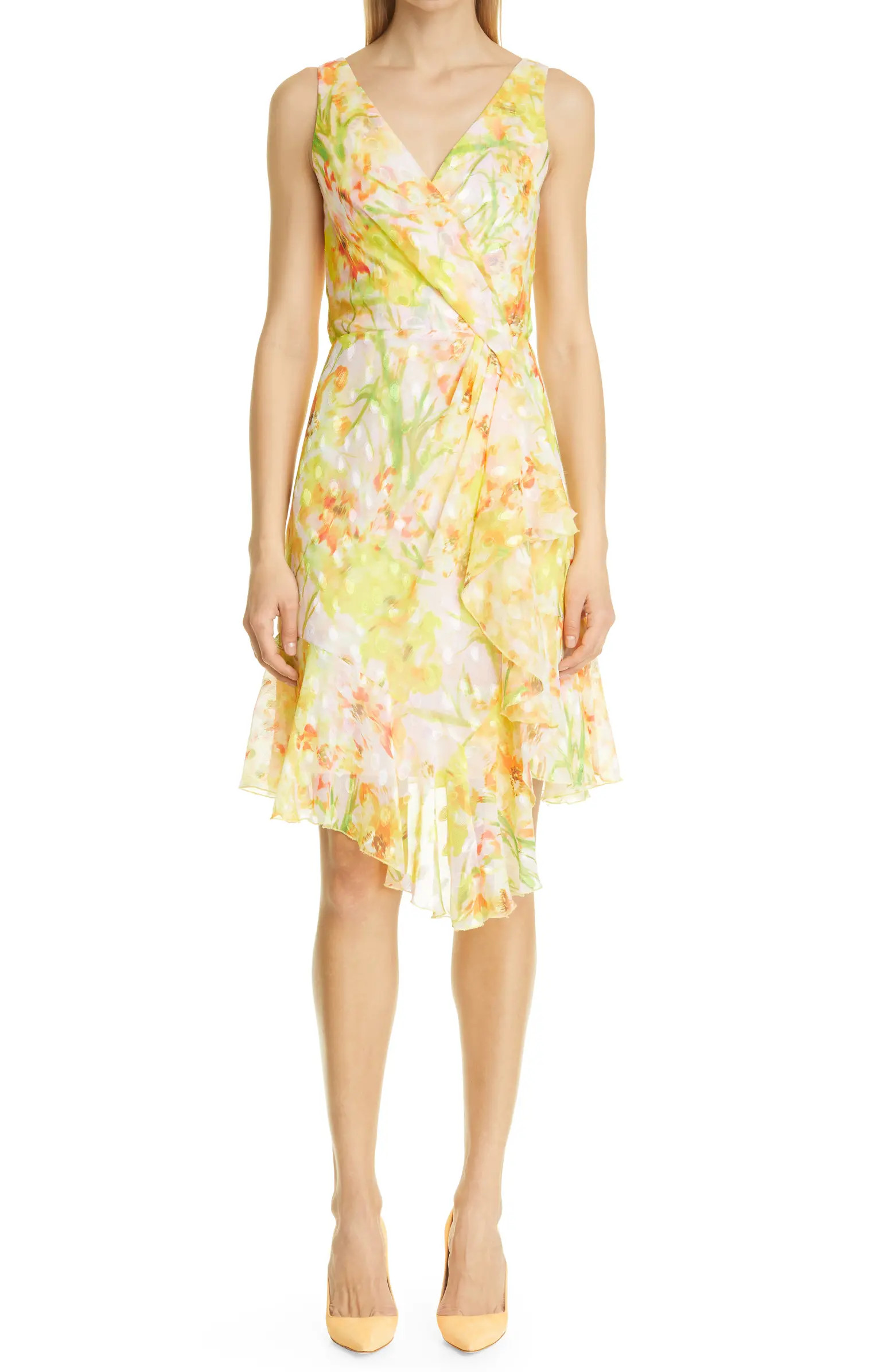 Marchesa Notte Floral Clip Dot Sleeveless Faux Wrap Dress | Nordstrom | Nordstrom