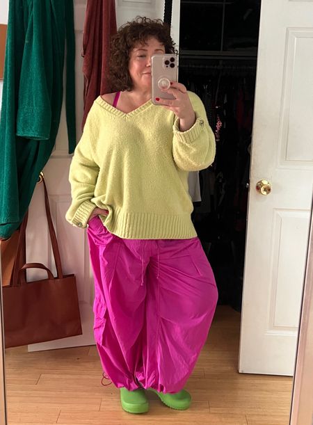 Casual and comfy with color. This cashmere sweater from Favorite Daughter is so thick and plush. These Anthropologie parachute pants run big; I recommend going with your smaller size. And I linked to my style plus a fleece lined version of these clogs! 

#LTKmidsize #LTKover40